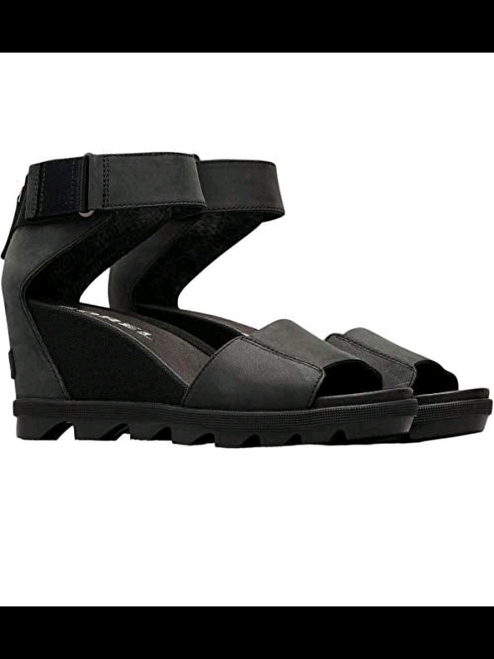 Sorel Joanie II Black Leather Ankle-Strap Wedge Sandals Size 7.5